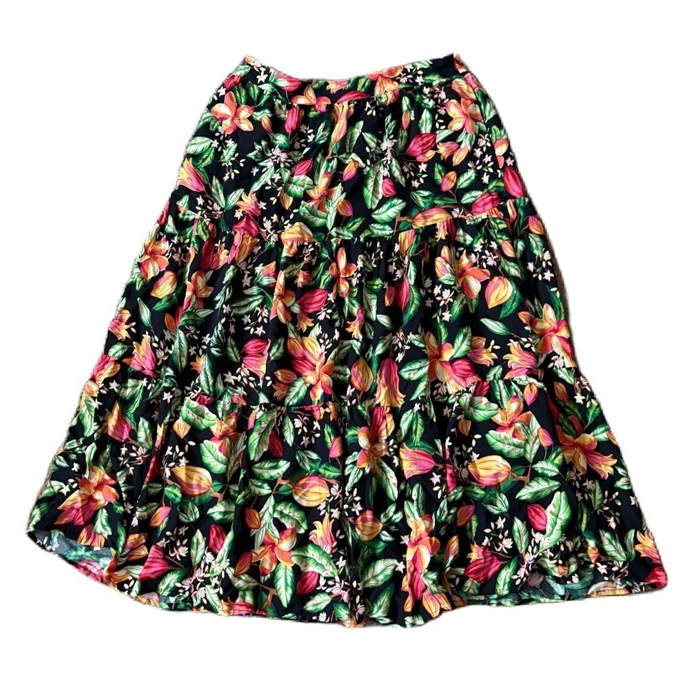 Nicole Miller Floral Tropical Print Women's Skirt Large Black Pink Orange Maxi